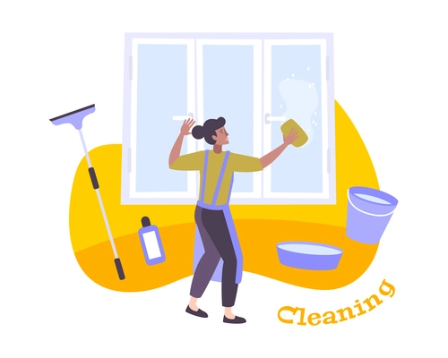 Window flat composition with housemaid character with tools and chemical detergents cleaning window with editable text vector illustration