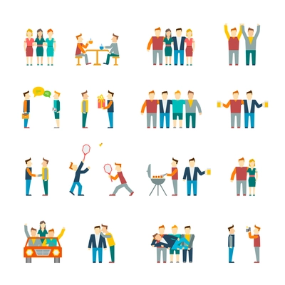 Friends and friendly relationship social team flat icon set isolated vector illustration