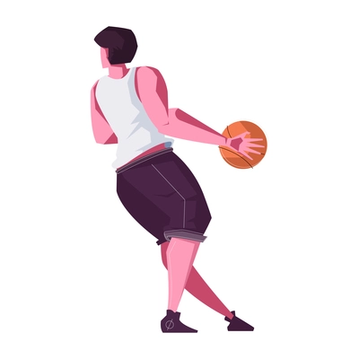 Leisure man flat composition with isolated male character of basketball player with ball vector illustration