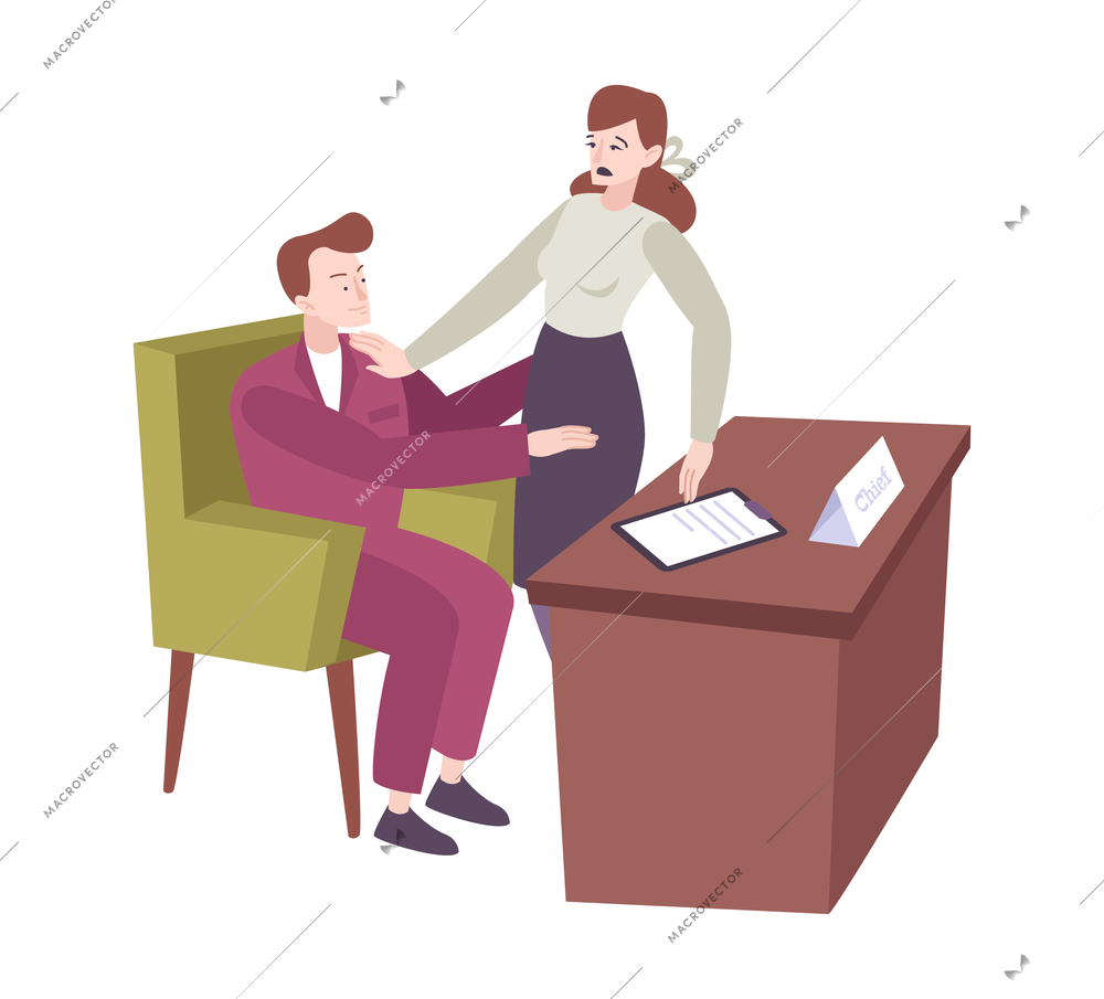 Work conflict flat composition with character of male boss sexually abusing female employee at working place vector illustration