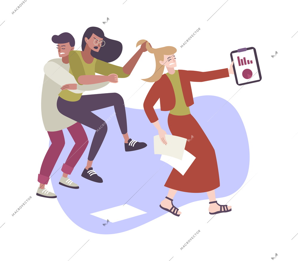 Work conflict flat composition with characters of female coworkers applying physical violence vector illustration