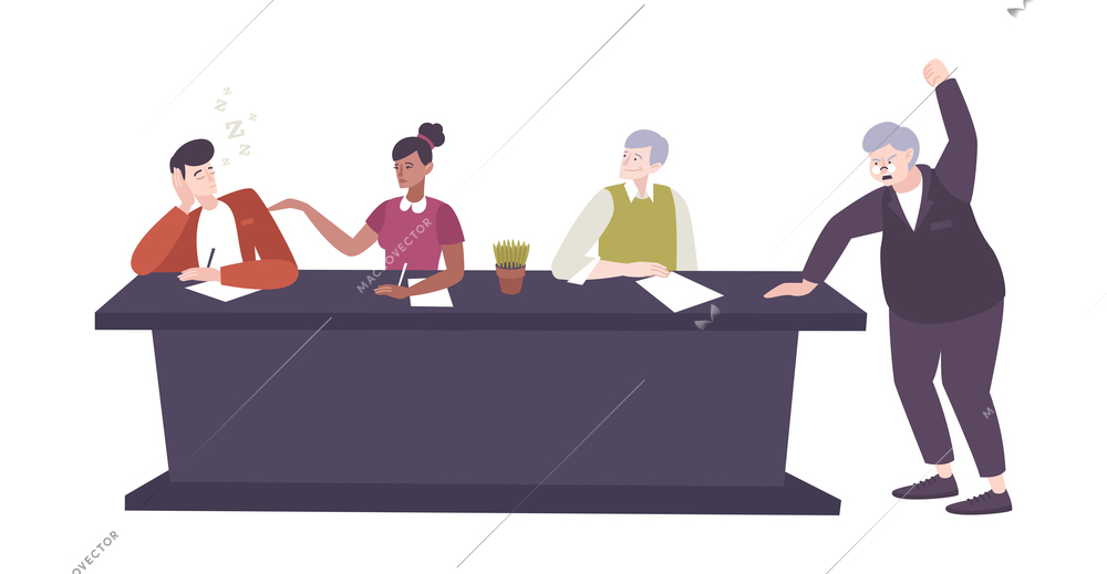 Work conflict flat composition with character of boss crying on his employees sitting at table vector illustration