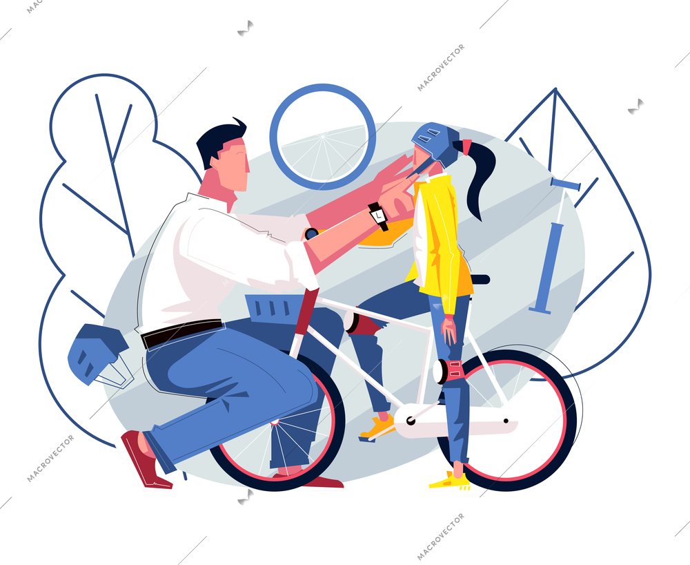 Dad flat composition with character of father wearing helmet on her daughter ready to ride bicycle vector illustration