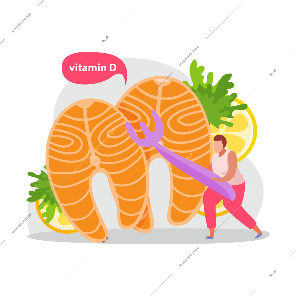 Healthy and super food flat icons composition with man holding fork slices of salmon fish and lemon with lettuce vector illustration