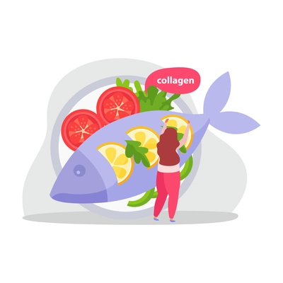 Healthy and super food flat icons composition with woman putting lemon slices on fish with tomatoes vector illustration