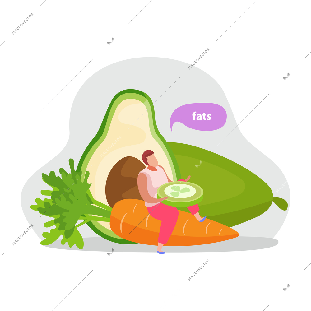 Healthy and super food flat icons composition with images of avocado and carrot with man holding slice vector illustration