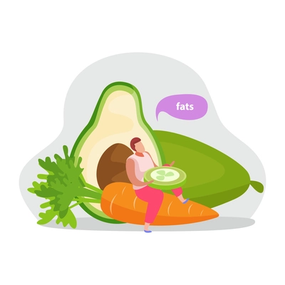 Healthy and super food flat icons composition with images of avocado and carrot with man holding slice vector illustration