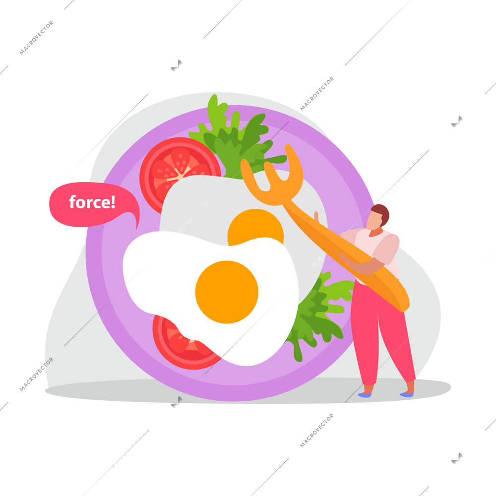 Healthy and super food flat icons composition with fried eggs and tomatoes on plate with man and fork vector illustration