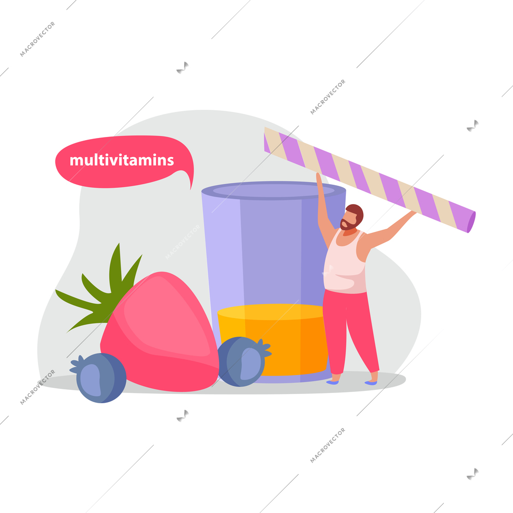 Healthy and super food flat icons composition with male character and glass of juice with berries vector illustration