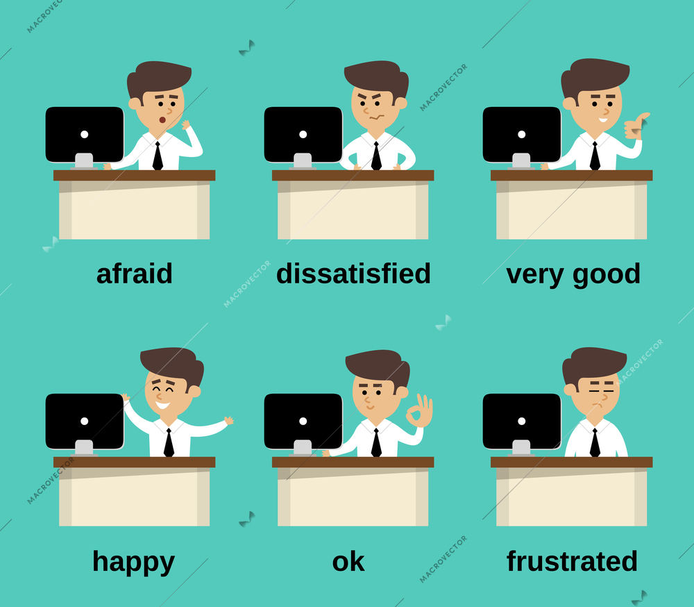 Businessman at office desk cartoon character emotions set isolated vector illustration