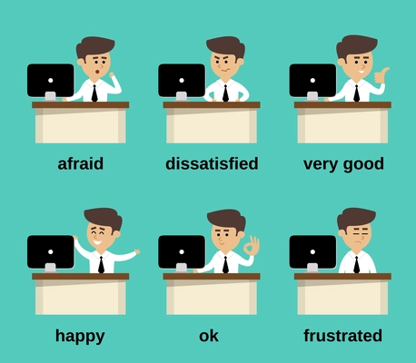 Businessman at office desk cartoon character emotions set isolated vector illustration