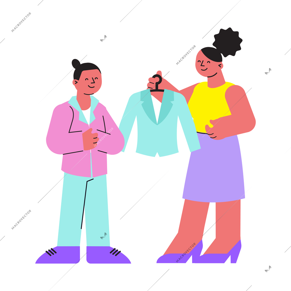 School supplies shop flat composition with character of mother buying smart jacket for her child vector illustration