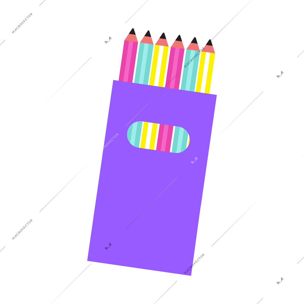 School supplies shop flat composition with isolated image of colorful pencils set inside purple package vector illustration