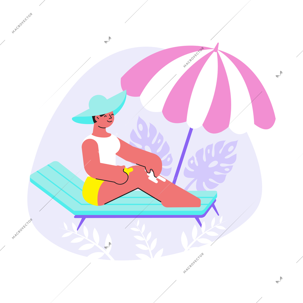 Sun protection flat composition with woman sitting on lounge chair under sun umbrella vector illustration