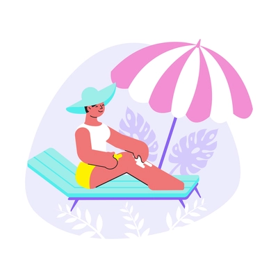 Sun protection flat composition with woman sitting on lounge chair under sun umbrella vector illustration