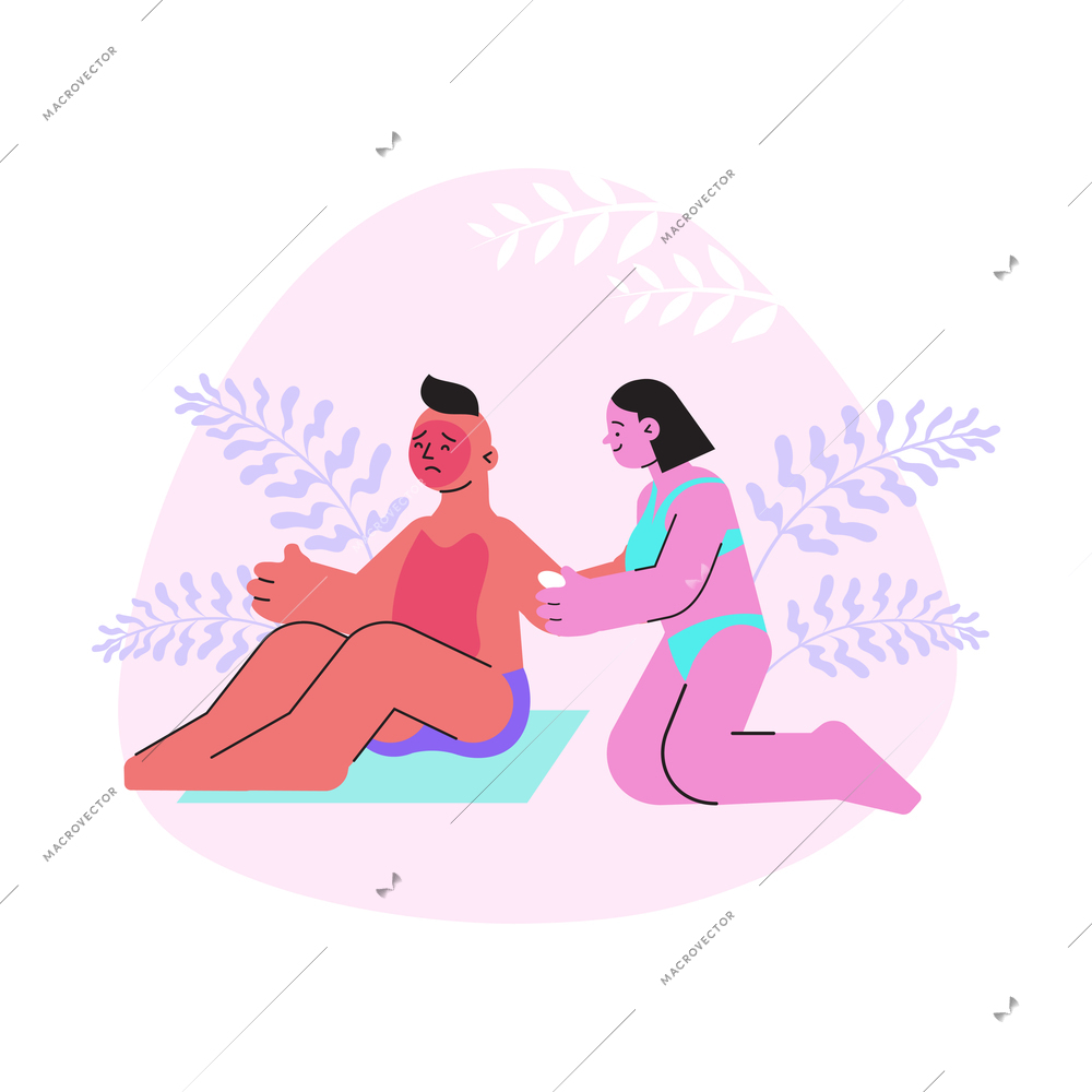 Sun protection flat composition with woman applying sun protection cream to overheated man vector illustration