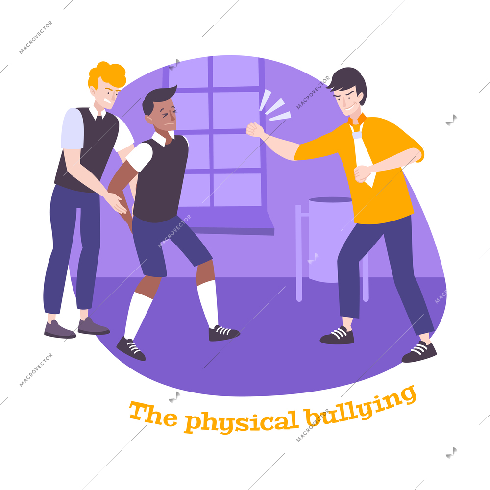 Bullying flat composition with view of school backyard hooligans beating their classmate vector illustration