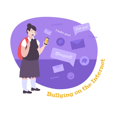 Bullying flat composition with character of distracted girl holding smartphone with offensive messages vector illustration