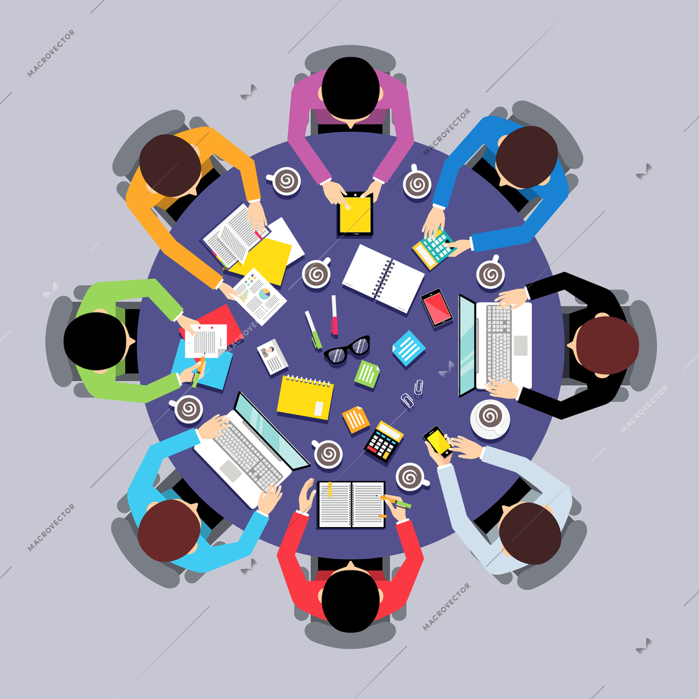 Business team brainstorming teamwork concept top view group people on round table vector illustration