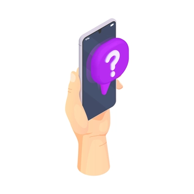 Customer service isometric composition with image of hand holding smartphone with question mark in thought bubble vector illustration