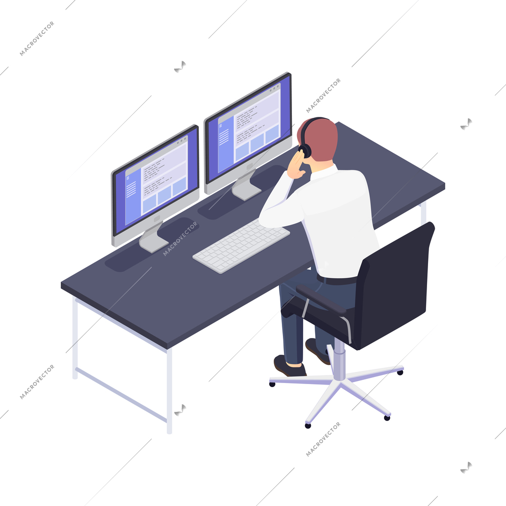 Customer service isometric composition with view of tech support agent working at table with two computers vector illustration
