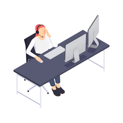 Customer service isometric composition with view of working space of tech support employee vector illustration