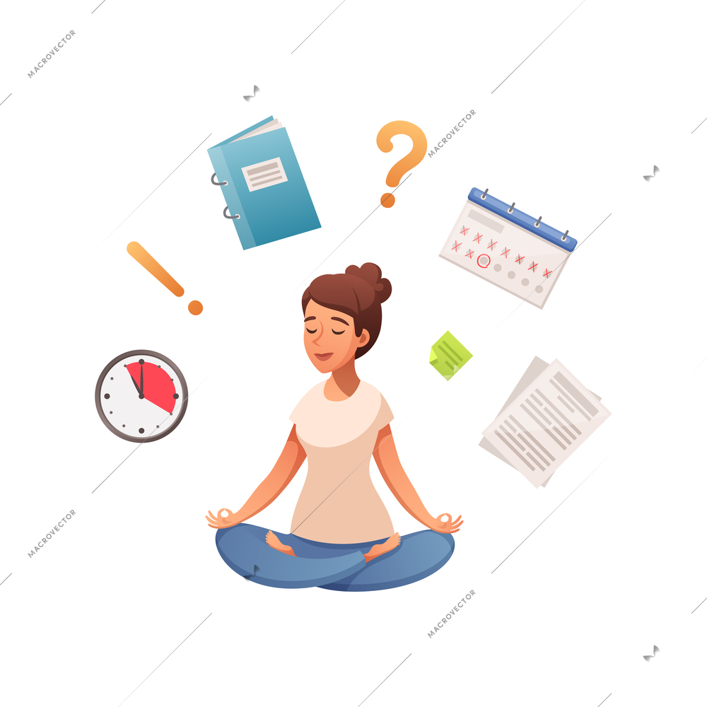 Healthy lifestyle cartoon composition with sitting woman surrounded by clock calendar notes and exclamation mark icons vector illustration