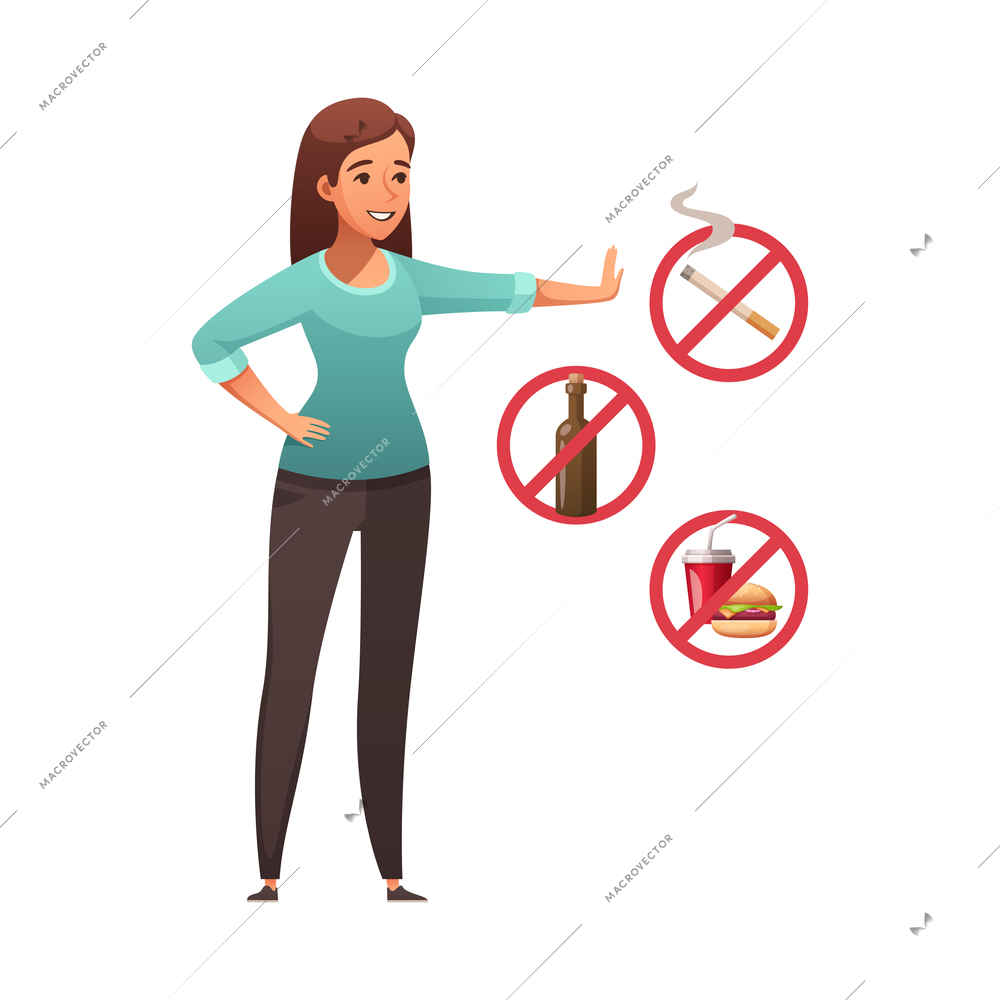 Healthy lifestyle cartoon composition with female character getting rid of smoking consuming alcohol and junk food vector illustration
