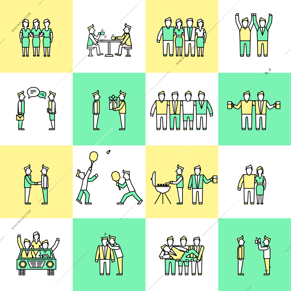 Friends and friendly relationship flat line icons set with people chatting present party isolated vector illustration