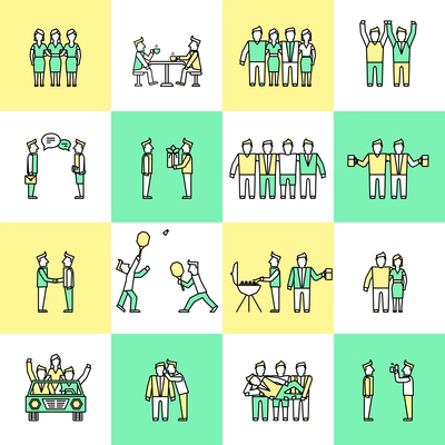 Friends and friendly relationship flat line icons set with people chatting present party isolated vector illustration