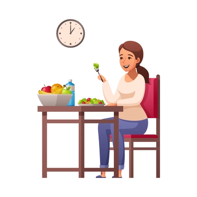 Healthy lifestyle cartoon composition with happy girl sitting at table eating healthy food vector illustration