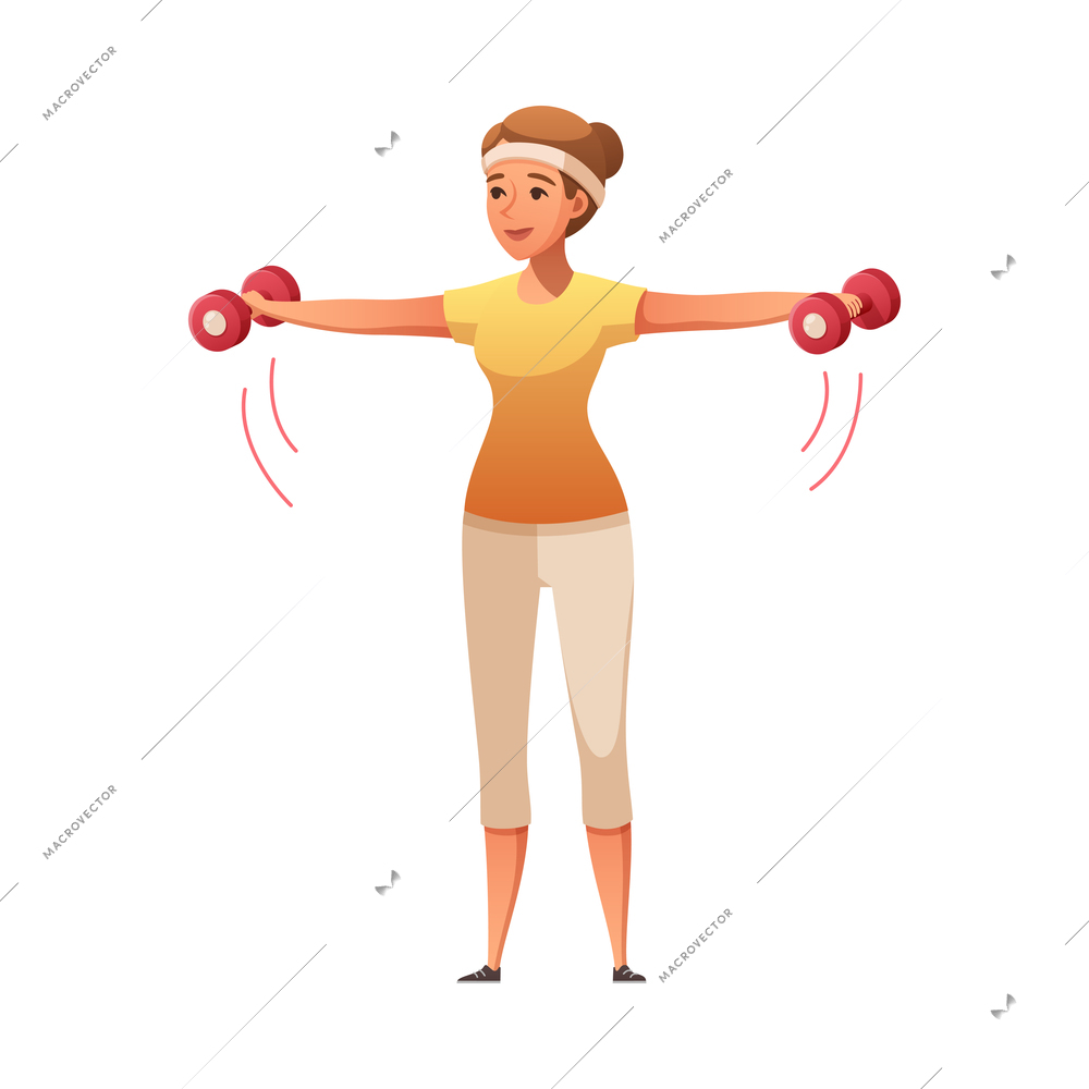 Healthy lifestyle cartoon composition with female character raising hands holding barbells vector illustration