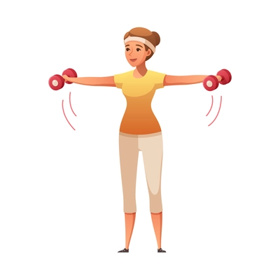 Healthy lifestyle cartoon composition with female character raising hands holding barbells vector illustration