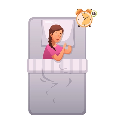 Healthy lifestyle cartoon composition with cute sleeping girl and eight hours alarm clock icon vector illustration