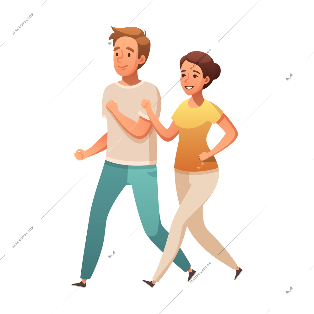 Healthy lifestyle cartoon composition with isolated characters of running couple vector illustration