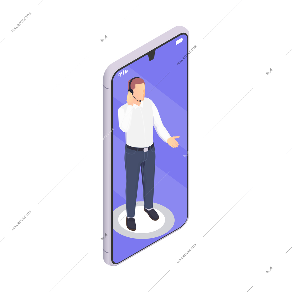 Customer service isometric composition with male tech support agent inside smartphone screen vector illustration