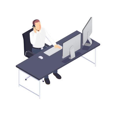 Customer service isometric composition with male tech support agent talking to customer in headphones vector illustration