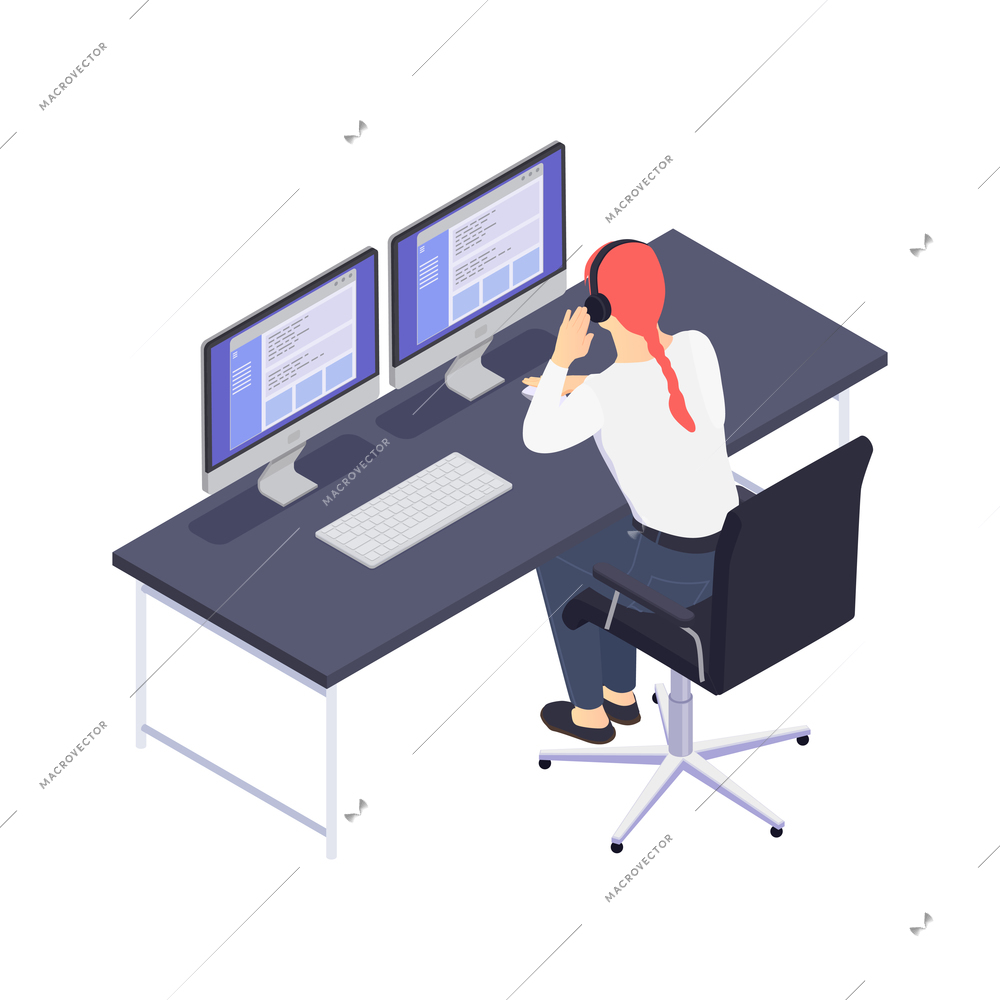 Customer service isometric composition with view of tech support agent workplace with talking woman in headphones vector illustration