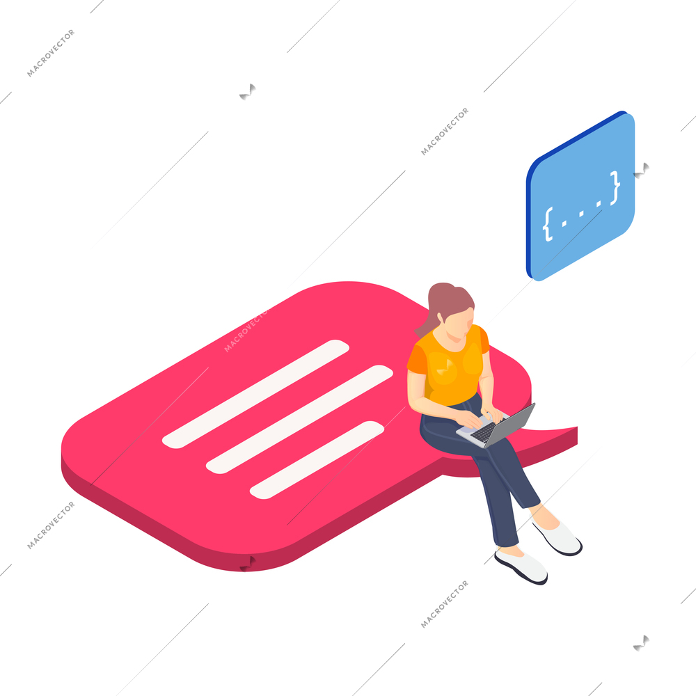 Programming coding development isometric icons composition with character of girl with laptop sitting on thought bubble vector illustration