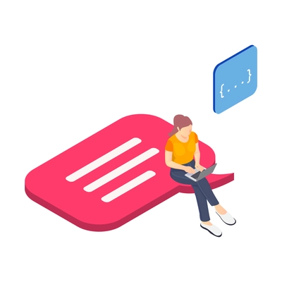 Programming coding development isometric icons composition with character of girl with laptop sitting on thought bubble vector illustration