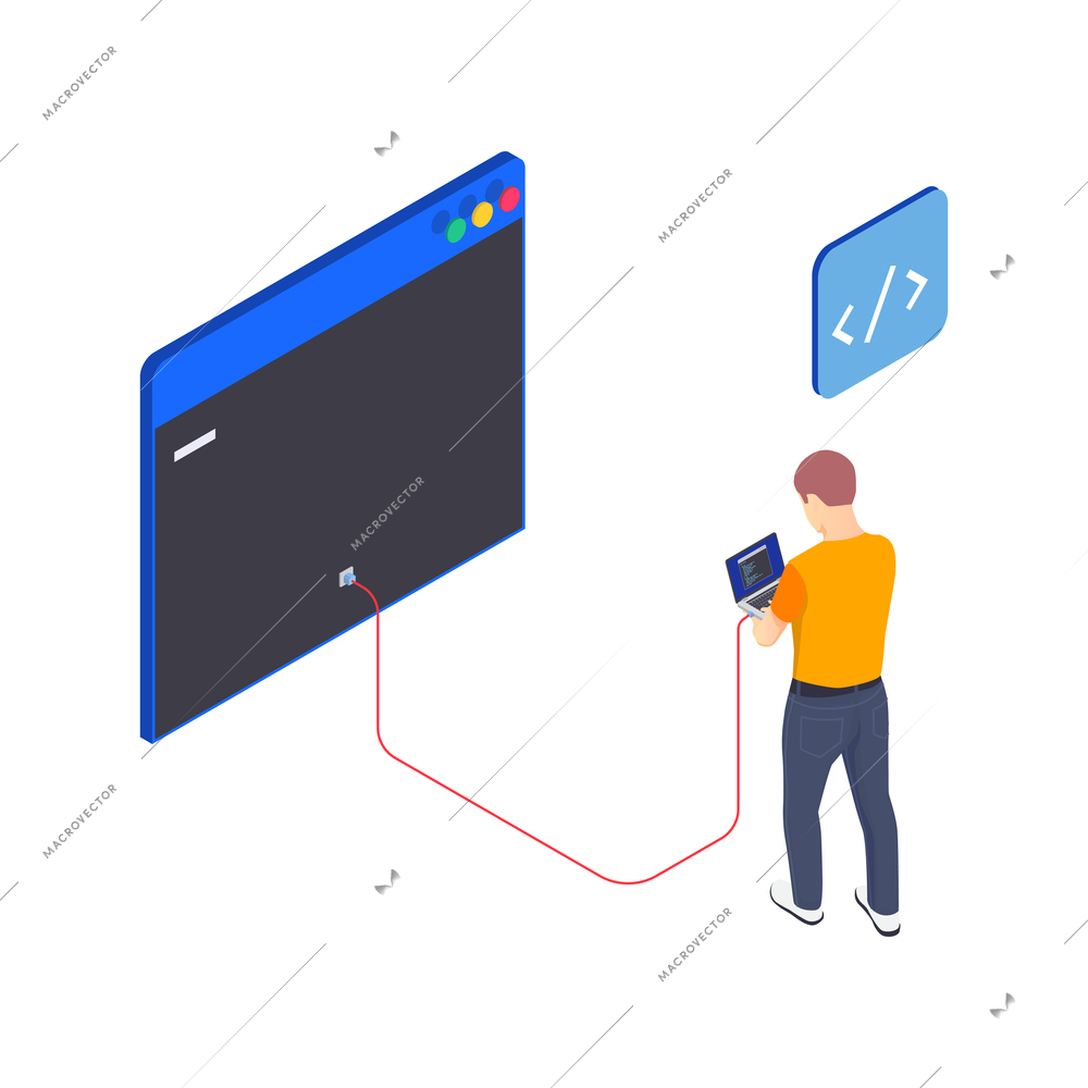 Programming coding development isometric icons composition with male character of programmer with laptop connected to socket vector illustration