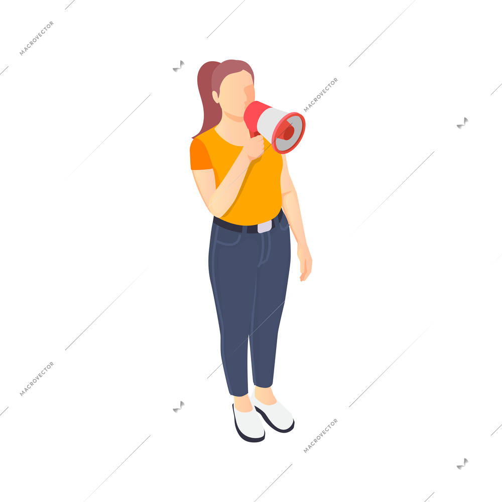 Programming coding development isometric icons composition with female character holding megaphone vector illustration