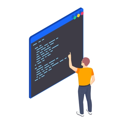 Programming coding development isometric icons composition with code on window and male character vector illustration