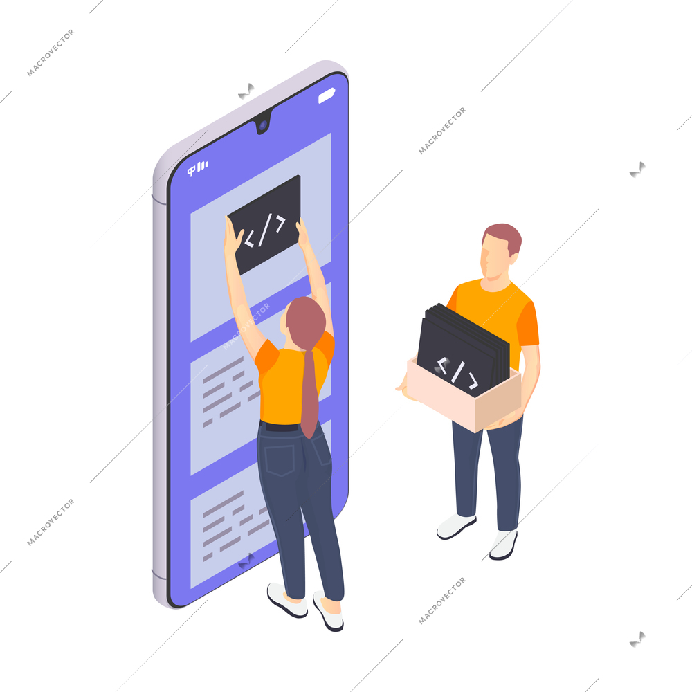 Programming coding development isometric icons composition with workers installing code plates in smartphone screen vector illustration