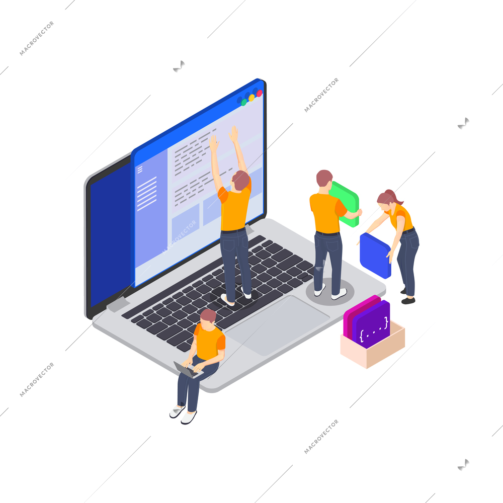 Programming coding development isometric icons composition with image of laptop and characters of programmers vector illustration