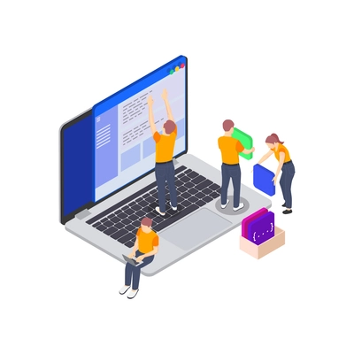 Programming coding development isometric icons composition with image of laptop and characters of programmers vector illustration