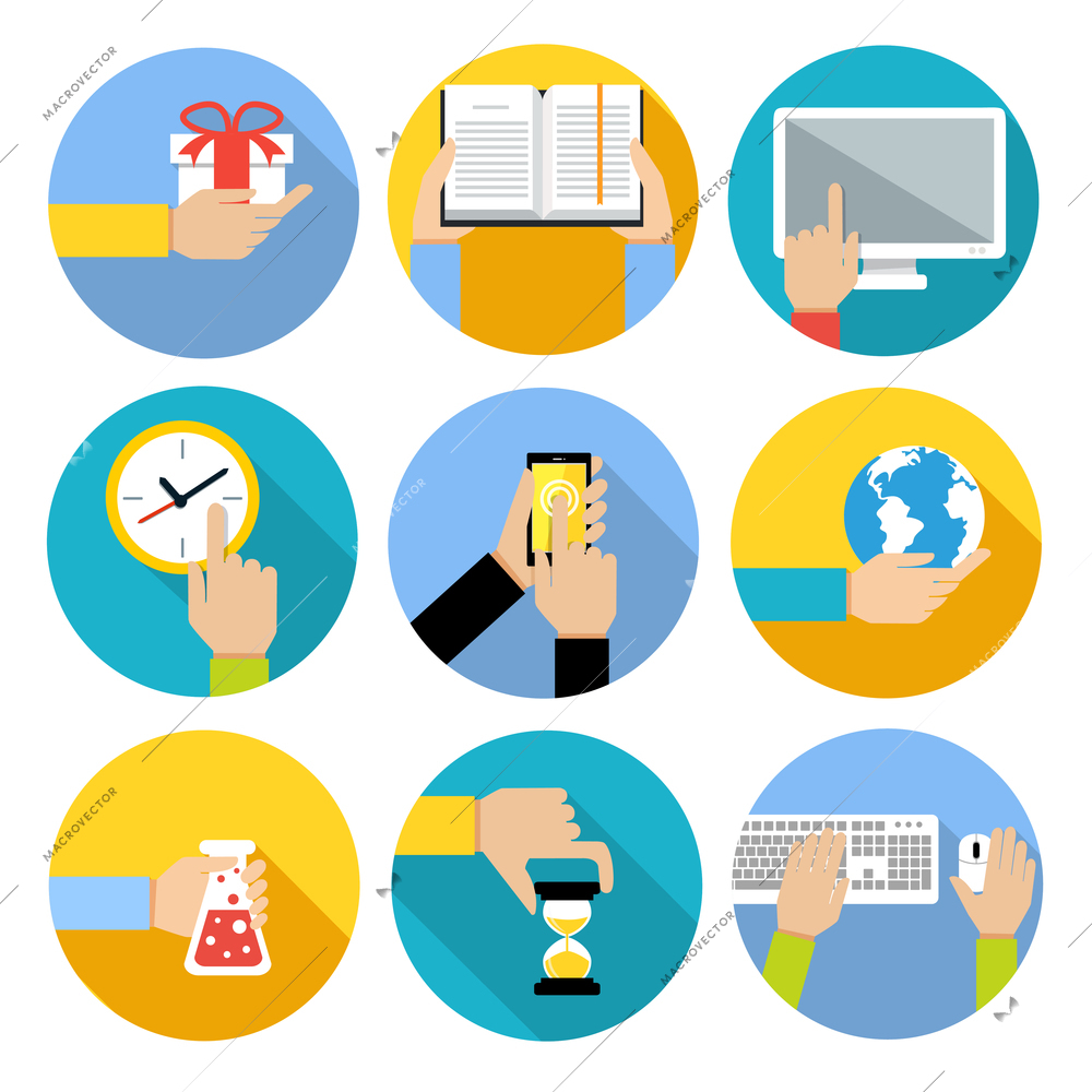 Business human hands with gift box open book computer monitor icons set isolated vector illustration