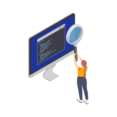 Programming coding development isometric icons composition with small female character with hand glass and computer vector illustration