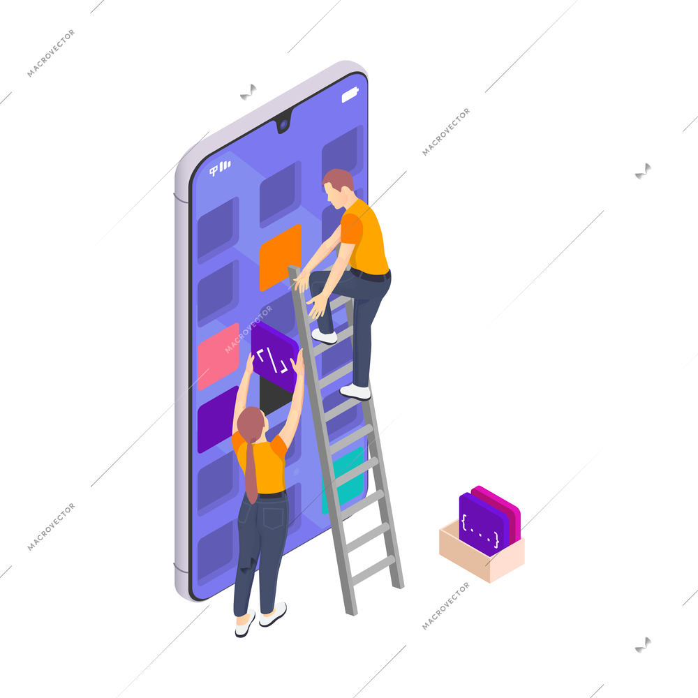 Programming coding development isometric icons composition with smartphone empty cells and people installing app icons vector illustration