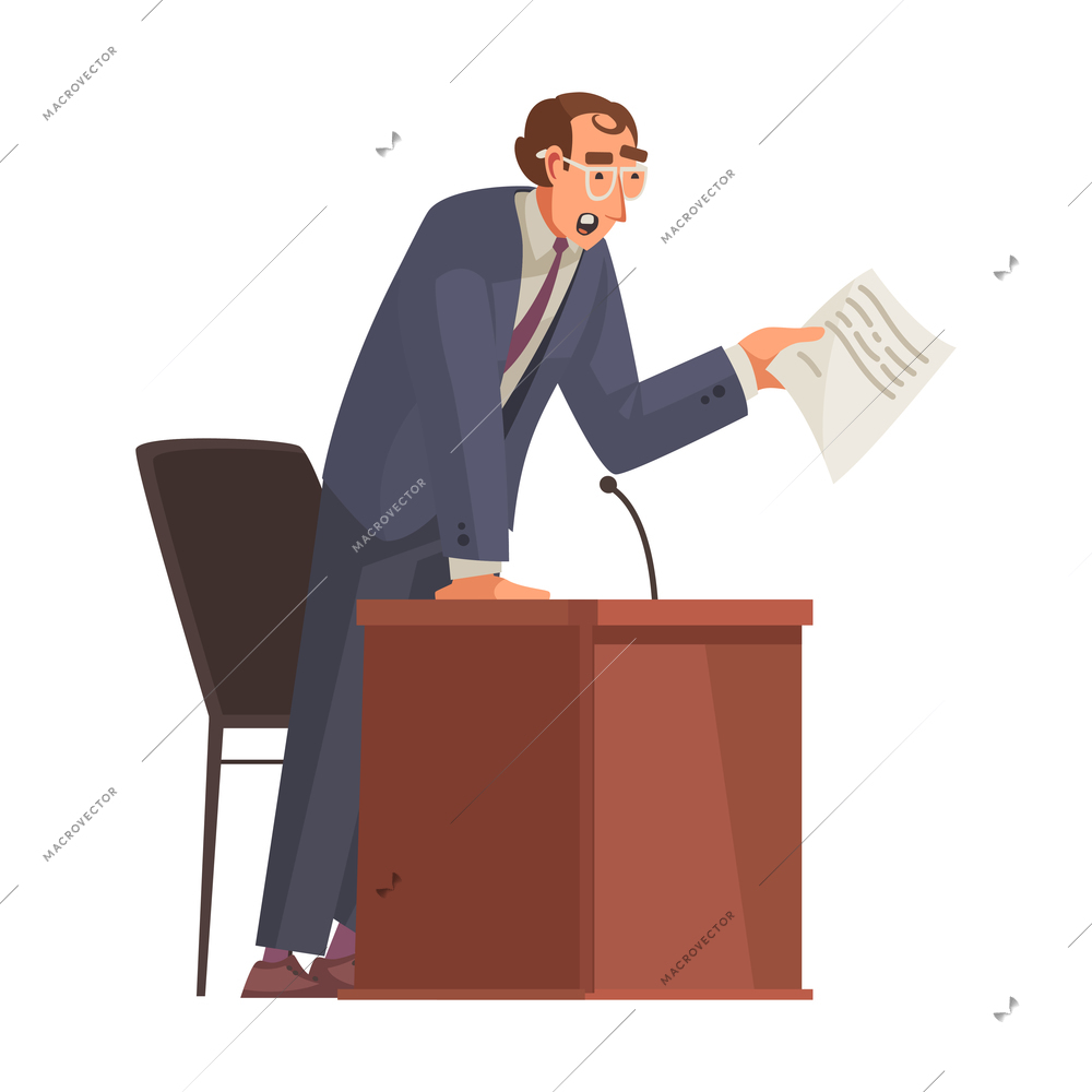 Law justice composition with character of lawyer holding paper speaking from tribune vector illustration